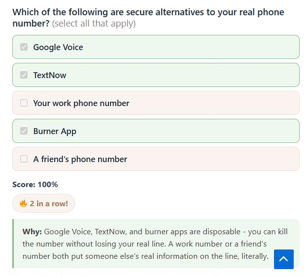 A quiz question after submission, showing a green explanation box and a streak badge for two correct answers in a row